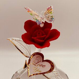 I Love You Butterfly on Red Rose Glass Figurine Romantic Gift Decor